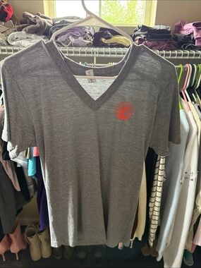 V-Neck Short Sleeve T-Shirt - Gray with Small orange Logo